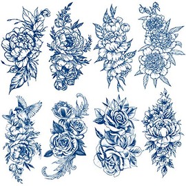 Semi Permanent Tattoos, Temporary Tattoos, 8-Sheet 100% Plant-Based Ink Realistic Blue Flower Tattoos for Adults Women Girls Kids