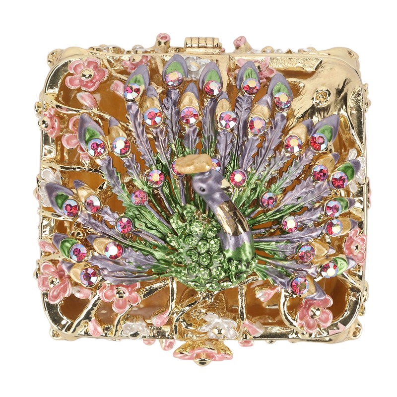 Peacock Trinket Boxes Hand Painted Finish Exquisite Beautiful Rhinestones Hinged