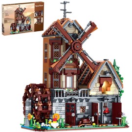 Medieval Windmill Farmhouse Building Set 1580 Pieces Rustic Cottage Architecture Model with Rotating Blades & Water Wheel Retro Village Construction Toy Creative Home Decor Gift for Adults