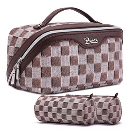 BOYATU Travel Makeup Bag for Women: Large Cosmetic Bag Set of 3 - PU Leather Make up Bag with Compartments - Compact Waterproof Toiletry Bag with Divider & Handle (08Brown)