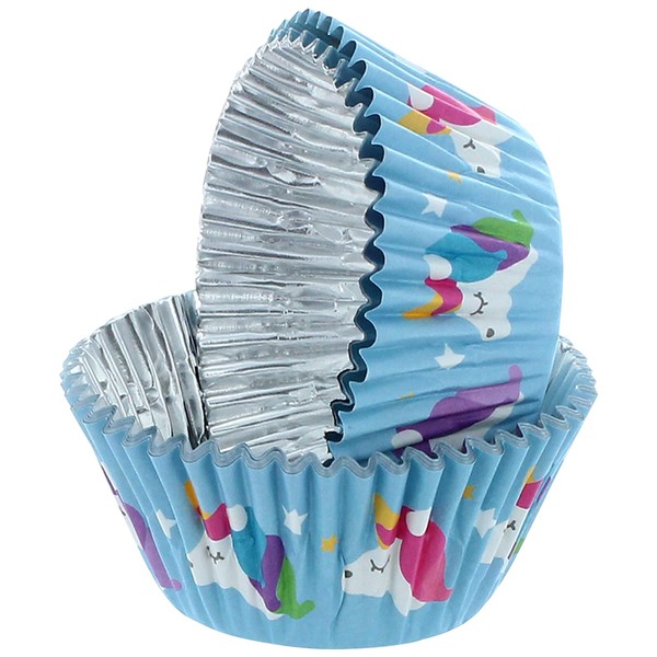 Baked With Love Unicorn Foil Lined Baking Cases, Cupcake Cases, Baking Cups - Blue, 50mm Diameter Base x 37mm Height, Pack of 25