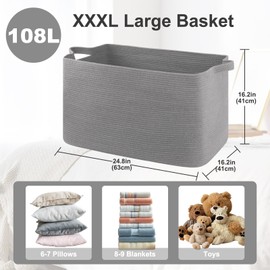 OIASKET 108L Extra Large Blanket Basket, 24.8" x 16.2" x 16.2" Rectangle Woven Storage Baskets for Living Room, Nursery, Bedroom, Toy Basket with Handle (Dark Grey)