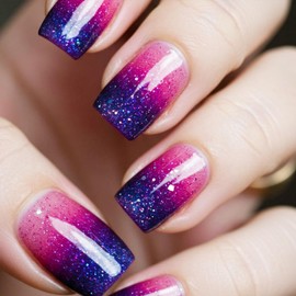 Square Press on Nails Short Fake Nails with Designs Starry Sky Stick on Nail Pink Gradient Acrylic False Nail Glitter Artificial Nail Full Cover Glue on Nails for Women