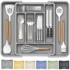 Caperci Large Silverware Organizer for Kitchen Drawer & Utensils - Expandable Drawer Organizer for Cutlery, Flatware & Gadget, BPA-Free Thick Plastic, Wider Compartments & Non-skid Feet (Medium Gray)