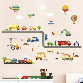 decalmile Construction Transportation Wall Decals Car Truck Plane Boys Wall Stickers Kids Bedroom Baby Nursery Playroom Wall Decor