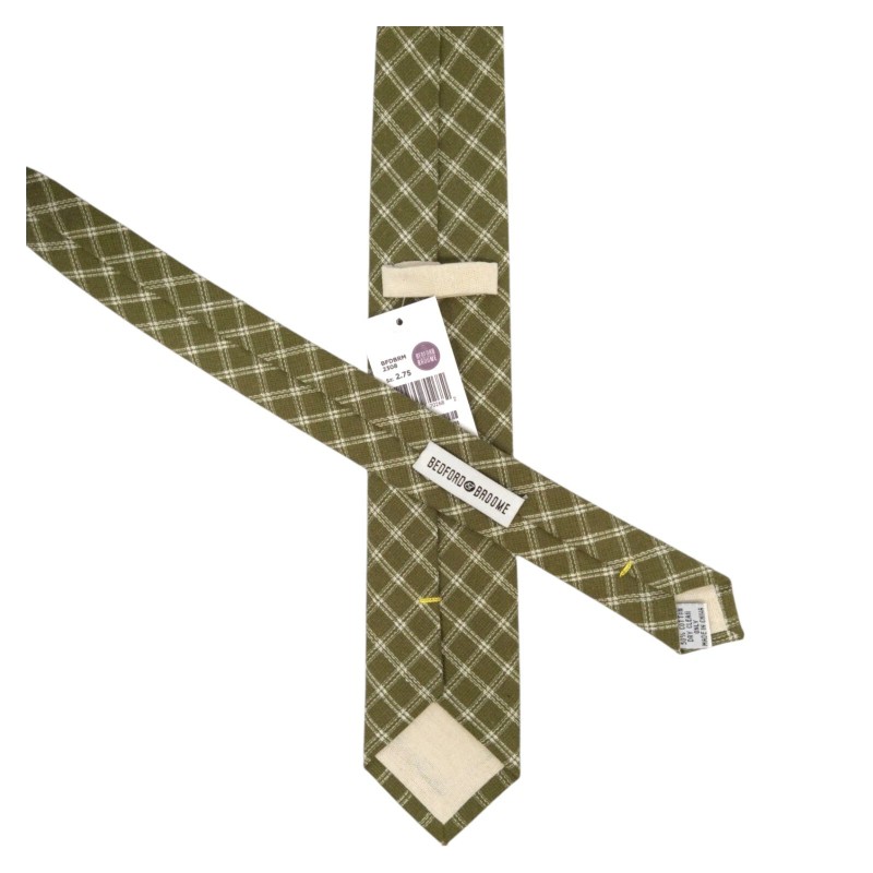 BEDFORD BROOME Mens Linen Tie Green White Check 2.75 Slim