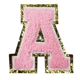 Zogify Iron on Letter Patches Gold Glitters & Pink Chenill,3 PCS Varsity Initial Patches,Adhesive Sticker Letter Patch for Team Costume Decoration 3.1in Height A