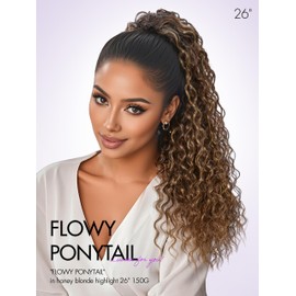 LUVME Drawstring Ponytail Extensions Human Hair for Women, Long Water Wave Curly 18 Inch Highlight Wrap Around Clip in Ponytail