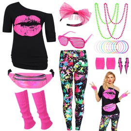 Velmawig 80er Jahre Outfit Damen 80 er Jahre Fasching Kostüm Zubehör Rosa Set mit Bauchtasche Haarband Ohrring Netzhandschuhe Gläser Armband Halskette Leggings Neon Kleidung Bad Taste Outfit Damen VL016M