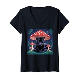 Womens Women Black Panther Cottagcore Mushroom Hat Grunge Aesthetic V-Neck T-Shirt