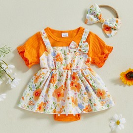 Winioder Baby Girl Summer Outfits Short Sleeve Round Neck Patchwork Romper Dress with Headband Newborn Cute Clothes (Orange, 0-3 Months)