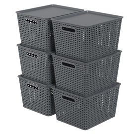 Taysisiter 20 Quart Tall Plastic Weave Storage Basket Bin with Lid, 6 Packs
