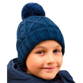 Entire Empire Fleece Lined Hat Boys Navy - Boy's Bobble Beanie Warm Winter Woolly Hats with Pom pom Lining - for Kids Kid's Children Children's Age 5 6 7 8 9 10 11 Years Old Woollen Woolen Wooly