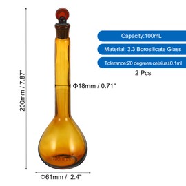 PATIKIL 100ml Volumetric Flask, 2Pcs 3.3 Borosilicate Glass Graduated Volumetric Measuring Flask with Glass Stopper Tolerance 0.27ml for Lab Experiment, Amber