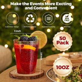 KOOSREEL Plastic Cups, 285ml/10oz Plastic Party Cups with Gold Glitter Reusable Plastic Glasses, Tumblers, Gold Cups for Drinks, Cocktail, Dessert, Wedding, Parties,Christmas