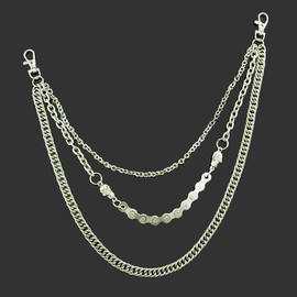 Rockyu Men's Wallet Chain, Silver, Stainless Steel, Triple Chain, Biker Chain, Motif, Desk Car Style, Long Wallet Accessory, Silver