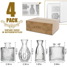 Arme 4 Pcs Bud Vases，Small Flower Vases Glass Vases for Flowers Mini Vases Glass Bud Vases Set for Centerpieces,Small Glass Vases Vintage Little Vases for Home Wedding Decor