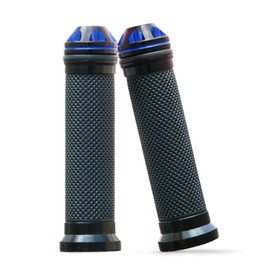 WTZMOTO Motorcycle Grips for Handlebar, CNC Aluminum & Rubber Motorcycle Hand Grips with Bar End Cap (Blue), for 7/8" 22mm Handle Bars Compatible with Chopper Cruiser Street Bike Dirt Bike