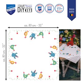 Vervaco Embroidery Kit Tablecloth Embroidery Set Adult Pre-Printed Colourful Chickens Embroidery Blankets Pre-Drawn Blanket Embroidery Kit Satin Stitch 80 x 80 cm Fabric for Embroidery Creative Gift
