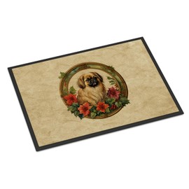 Caroline's Treasures DAC2404MAT Pekingese Christmas Flowers Doormat Front Door Mat Indoor Outdoor Rugs for Entryway, Non Slip Washable Low Pile, 18H X 27W