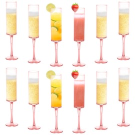 BlueBark Plastic Champagne Flutes - 12 Pack Clear 6 Oz Disposable Champagne Glasses - Reusable Square Plastic Toasting Glasses for Party Birthday Anniversary Wedding (Pink)