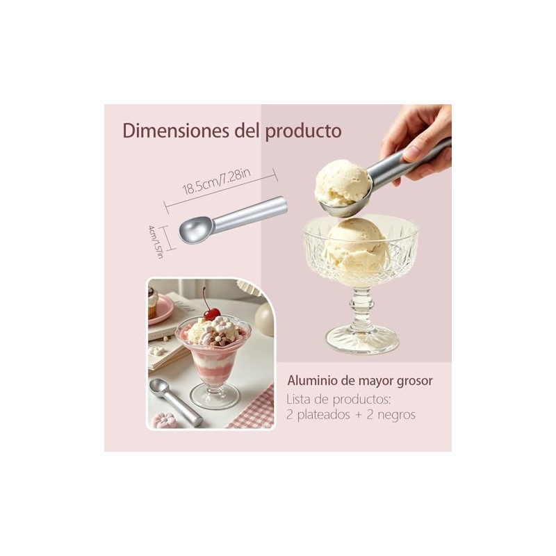 4PCS Cuchara Para Helado,2 Negros + 2 Plateados Cuchara Helado