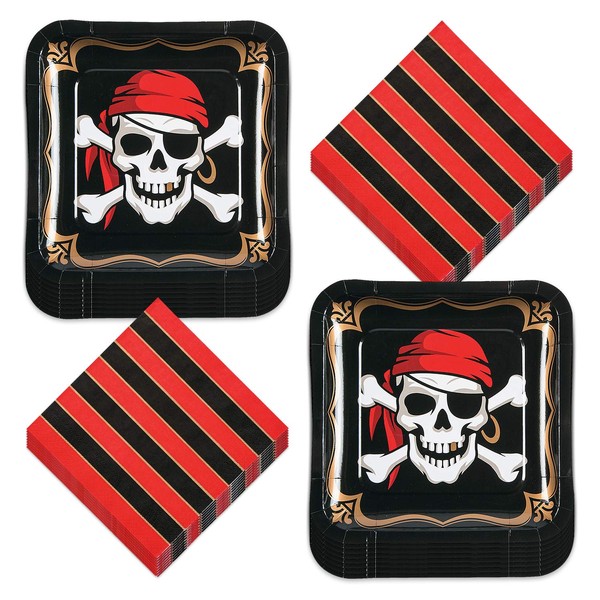 Pirate Party Supplies - Classic Skull and Crossbones Paper Dinner Plates and Luncheon Napkins (Serves 16)