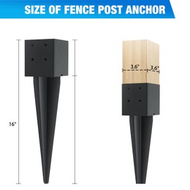 POSTYBAY 2 Pcs 4"x4" Fence Post Anchor Ground Spike 16"(Actual 3.6"x3.6") Heavy Duty Metal Fence Post Anchor with Black Powder-Coated for Deck,Fence,Porch,Railing,Mailbox
