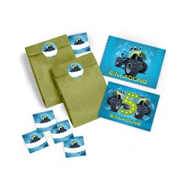 8 Invitation Cards 5th Birthday Kids Boy Monster Truck Including 8 Envelopes, 8 Bags / Green, 8 Stickers/Monster Truck/Car/Invitations for Fifth Children's Birthday Party for Boys