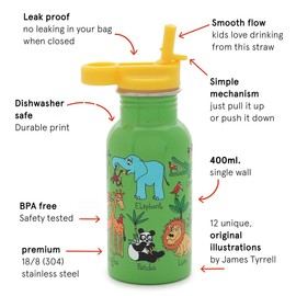 Tyrrell Katz Kids Jungle Printed Drinking Bottle in Green with Straw - Stainless Steel Dishwasher Safe Children's School Water Flask - 400 ml