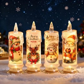 Nasjac Velas Led Navidad Decorativas, 4 PCS Velas Eléctricas Sin llama Impermeables, Velas dePilar Luz Cálida Gue Funcionan Pilas, Luces Veladoras Iluminación para Navideña (Blanco（Navidad）)