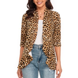 Argstar Women's Lightweight Cardigans, Casual Open Front Soft Draped Ruffles 3/4 Sleeve Leopard Plus Size XXL