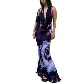 Women's Sexy Purple Print Backless Maxi Dress Elegant Sleeveless Draped Cowl Neck Bodycon Summer Beach Cocktail Party Dress