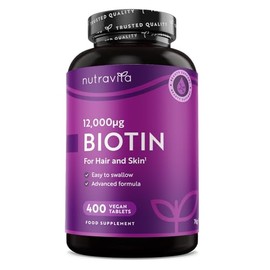 Biotin Hair Growth Supplement 12000mcg - 400 Vegan High Strength Biotin Tablets (1+ Year Supply) - High Absorption Vitamin B7 Biotin Tablets for Hair - Supports Skin & Hair Growth - Nutravita