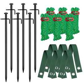 Kingsyard Heavy Duty Tree Stake Kit, 6 Pcs 12 Inch Steel Tree Stakes and Supports for Leaning Young Trees Straightening Kit Against Bad Weather, with 6Pcs Straps & 6Pcs 13ft Anchor Ropes