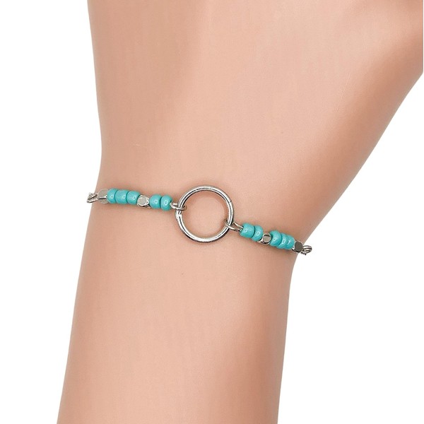 Open Circle with Turquoise Beads Link Chain Bracelet (Silver Tone)