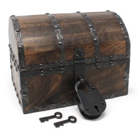 Nautical Cove Wooden Treasure Chest with Decorative Rivets and Reinforcing Iron Strips with Iron Lock and Skeleton Keys (Small 8x6x6)
