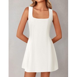 ZESICA Women's 2025 Summer Sleeveless Tank Mini Dresses Square Neck A Line Flare Party Short Dress, Ivory, L