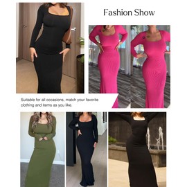 Popilush Long Sleeve Cocktail Dress for Women Fall Maxi Dresses Shapewear Tummy Control Bodycon Dress Built in Bra Black