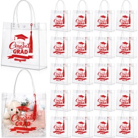 Sweetude 24 Pack Graduation Clear Gift Bags with Handles Set Congrats Grad Reusable Plastic PVC Gift Bags Bulk with Tassel Transparent Wrap for Graduation Party Favor, 7.9 x 7.9x 3.5 Inches(Red)