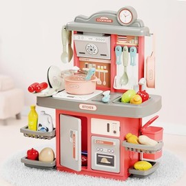 Play Kitchen Accessories for Toddlers, Cooking Stove with Realistic Sounds and Lights, Simulation Play Sink with Running Water, Pots and Pans Set, Play Foods Toys for Boys Girls 3 Years Up (Pink)