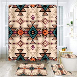 ArtSocket 4 Pcs Shower Curtain Set African Boho Retro Traditional Rhombus Summer Colorful with Non-Slip Rugs Toilet Lid Cover and Bath Mat Bathroom Decor Set 72" x 72"