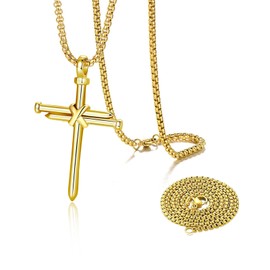 DXNQ 2 PCS Nail Cross Pendant for Men, Christian Auto Cross Hanging Ornament with 3 Nails, Stainless Steel Religious Cross Chain for Car Rear View Mirror Hanging, Car Accessories (Golden)