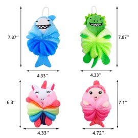 RAMFIYN 4 Pack Fun Bubble Bath Kid Loofahs, Cute Animal Loofah Bath Sponge, Shower Puffs Body Scrubber, Cute Sponges