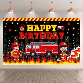 Luminora 72 x 43 Inch Fireman Happy Birthday Backdrop Fireman Fire Engine Background Kids Boys Girls Birthday Party Decorations Photo Studio Props Booth