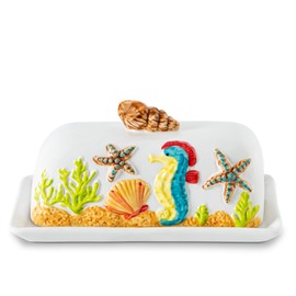 Ocean Theme Butter Dish With Lid For Countertop With Conch Scallop Starfish Seahorse Coral Decoration Funny Butter Container Cute Butter Dish Ceramic Mantequillera Butter Holder Tropical Beach Theme