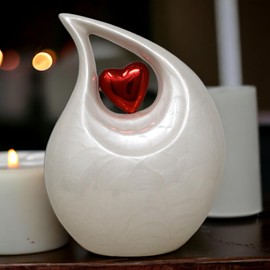 Urns for Ashes Adult Women and Men, Pearl White Teardrop Heart Design Keepsake urn, Burial, Columbarium or Home, Cremation Urns for Human Ashes