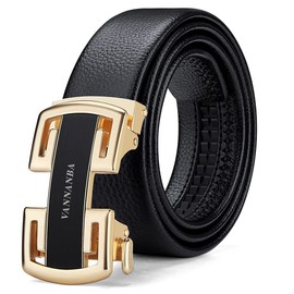 VANNANBA Leather Ratchet Belts for Men Design Dress Belts Automatic Buckle with Gift Box(39"-42" Waist Adjustable,Gold)