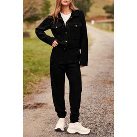 PRETTYGARDEN Womens Two Piece Sets Fall 2025 Long Sleeve Button Down Shacket Jacket Long Sweatpants Tracksuit Winter Clothes (Black,X-Large)