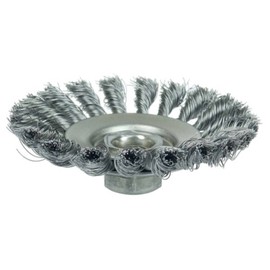 Weiler Dualife Bevel Wire Wheel Brush, Threaded Hole, Steel, Partial Twist Knotted, 4-1/2" Diameter, 0.020" Wire Diameter, 5/8-11" Arbor, 1" Bristle Length, 3/8" Brush Face Width, 12500 RPM